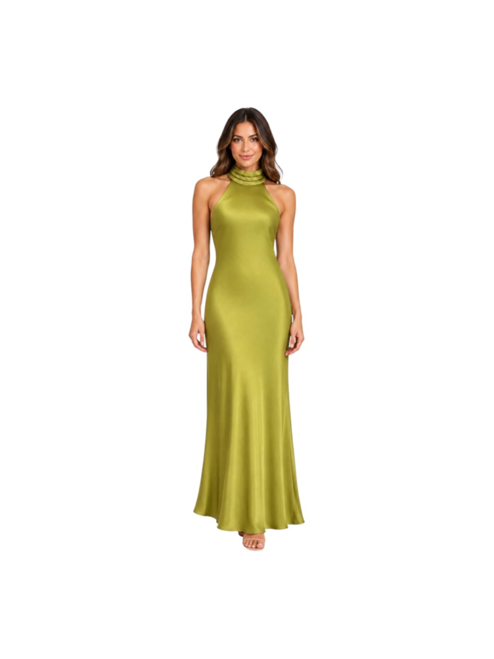 NWT PHICIA Olive Green Satin-Look Halter Open Back Maxi Dress Size M